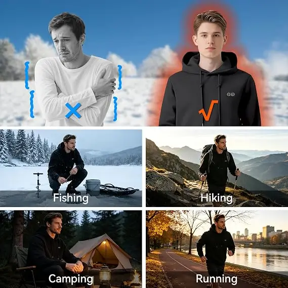 Collage of people in Changeown heated jackets, comparing a cold, shivering man with a warm one, plus fishing, hiking, camping and running scenes