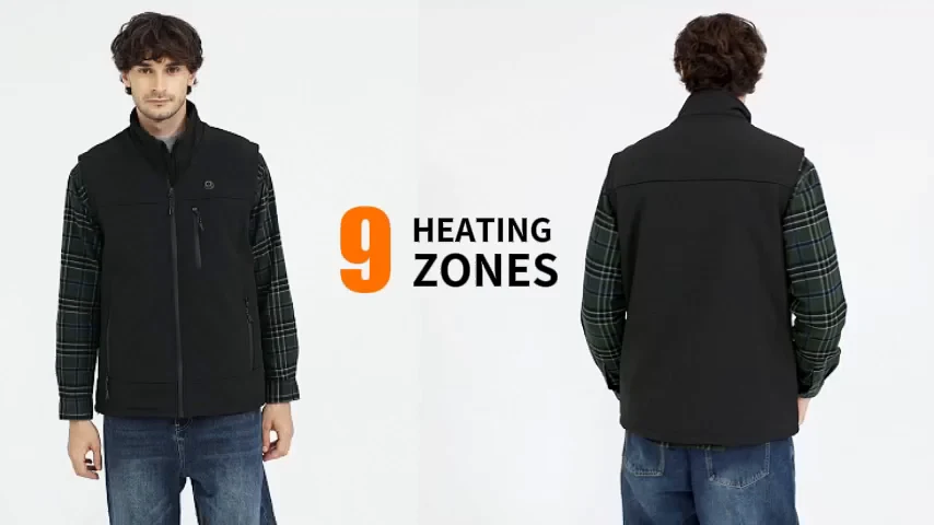 Changeown men's heated vest shown from the front and the back; the slider switches on its nine heating zones at the collar, abdomen and back
