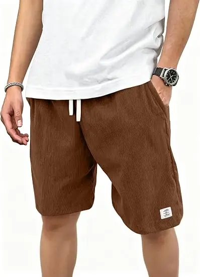 Mens Corduroy Shorts with Pockets,7 Inch Casual Elastic Waist Summer Beach Shorts with Drawstring